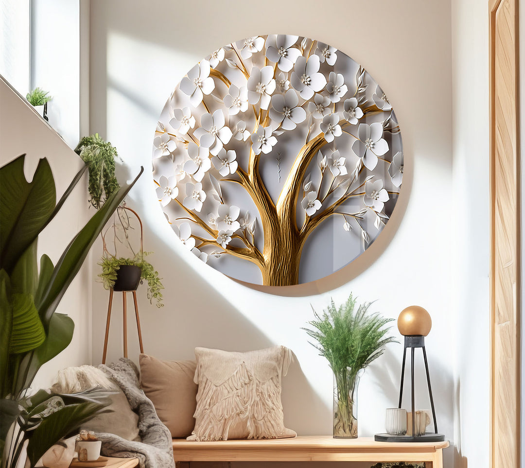 Golden Blooming Tree Wandkunst – Weißer Blumenglasdruck für elegantes Dekor