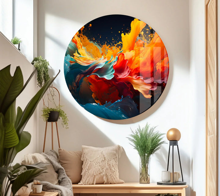 Fiery Abstract Splash Wall Art – Vibrant Glass Print in Red, Orange & Blue - MyPhotoStation