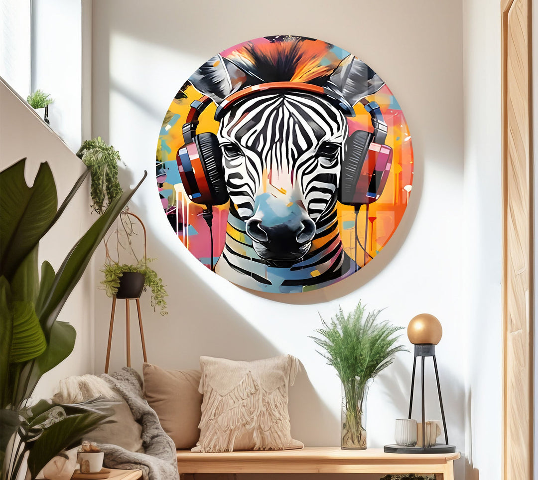 Zebra with Headphones Glass Wall Art glass image printing, glass prints from photos
