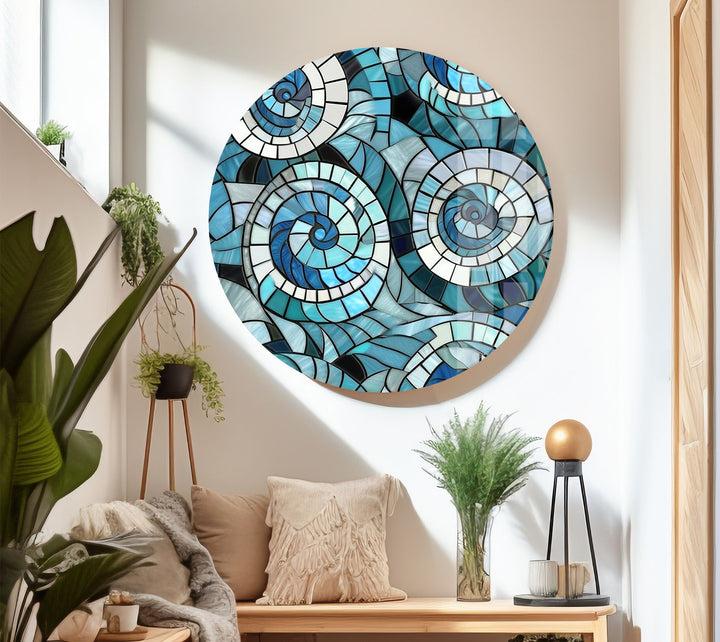 Nautical Spiral Stained Glass Wall Art – Blue Ocean Wave Design