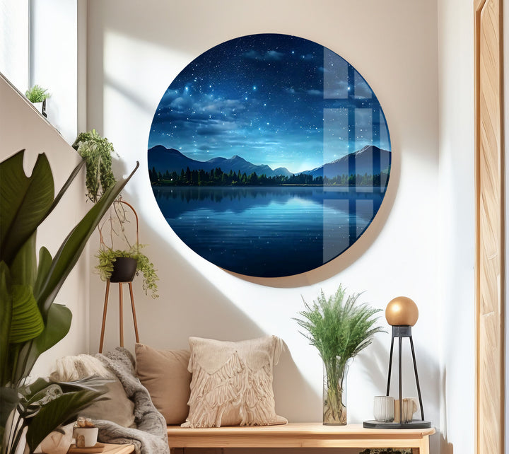 Starry Night Lake Wall Art – Tranquil Mountain Reflection Glass Print for Interior Elegance