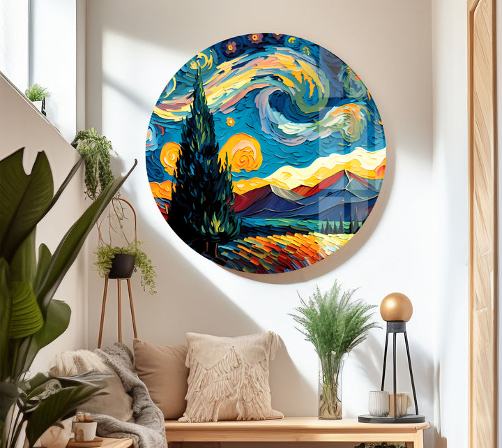 Sternennacht-Landschaftswandkunst – Van Gogh inspirierter bunter Glasdruck