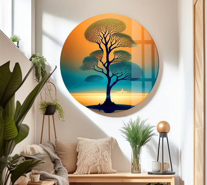 Serene Tree of Life Wall Art – Sailboat Sunset Glass Print Design