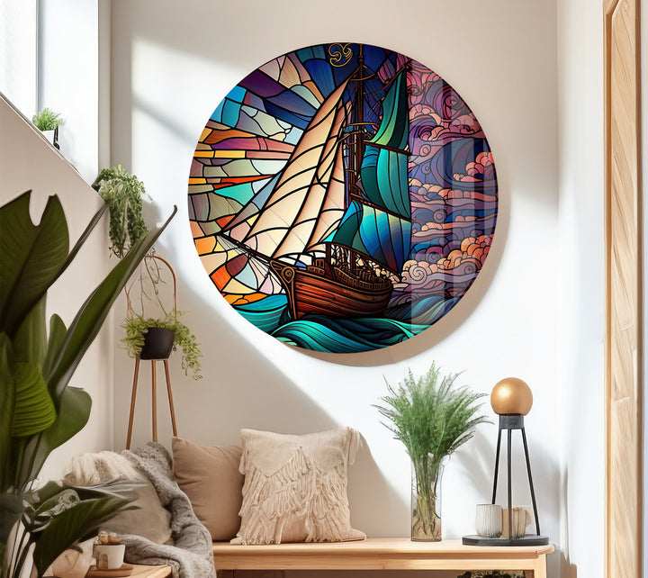 Segelschiff Buntglas Wandkunst – Maritimer Ozeanwellen-Glasdruck