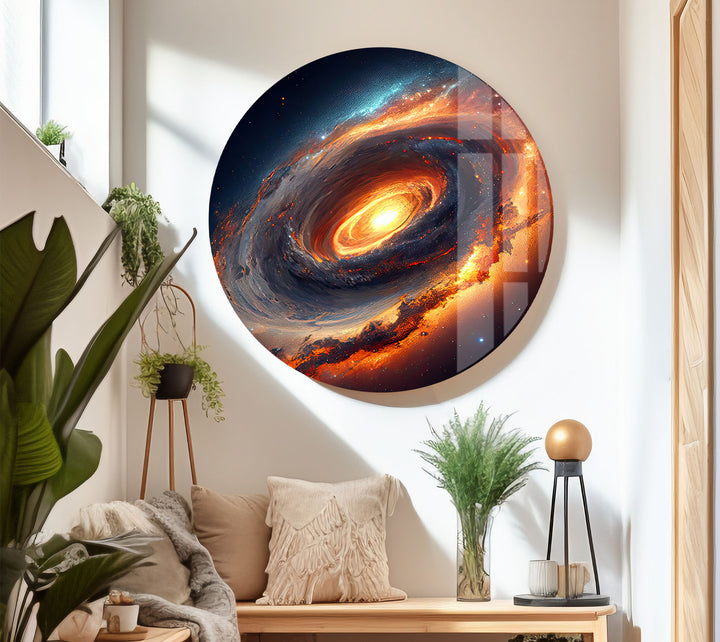 Feurige Galaxie-Spiralwandkunst – Glasdruck mit Weltraumnebel 