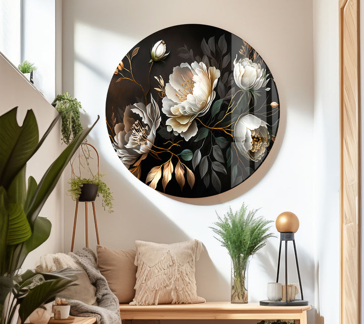 Elegante weiße Pfingstrosen-Wandkunst – Dunkler Blumendruck auf Glas mit goldenen Akzenten