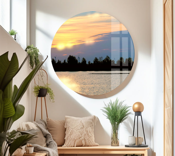 Sunset Lake View Wall Art – Serene Wind Turbine Glass Print for Eco-Inspired and Modern Interiors
