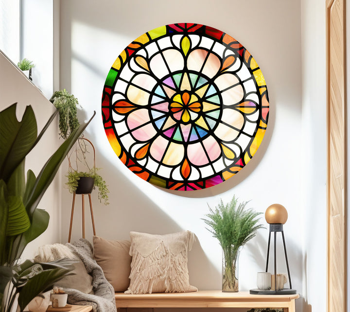 Bunte Buntglas-Wandkunst – Lebendiges Rosenfenster-Glasdesign 