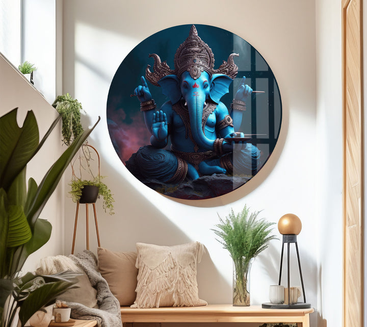 Blaue Ganesha-Wandkunst – Göttliche Hindu-Gottheit – Glasdruck für spirituelles Dekor 