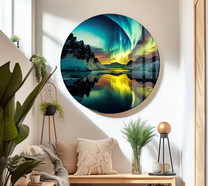 Aurora Borealis Glass Wall Art – Northern Lights Over Arctic Mountains