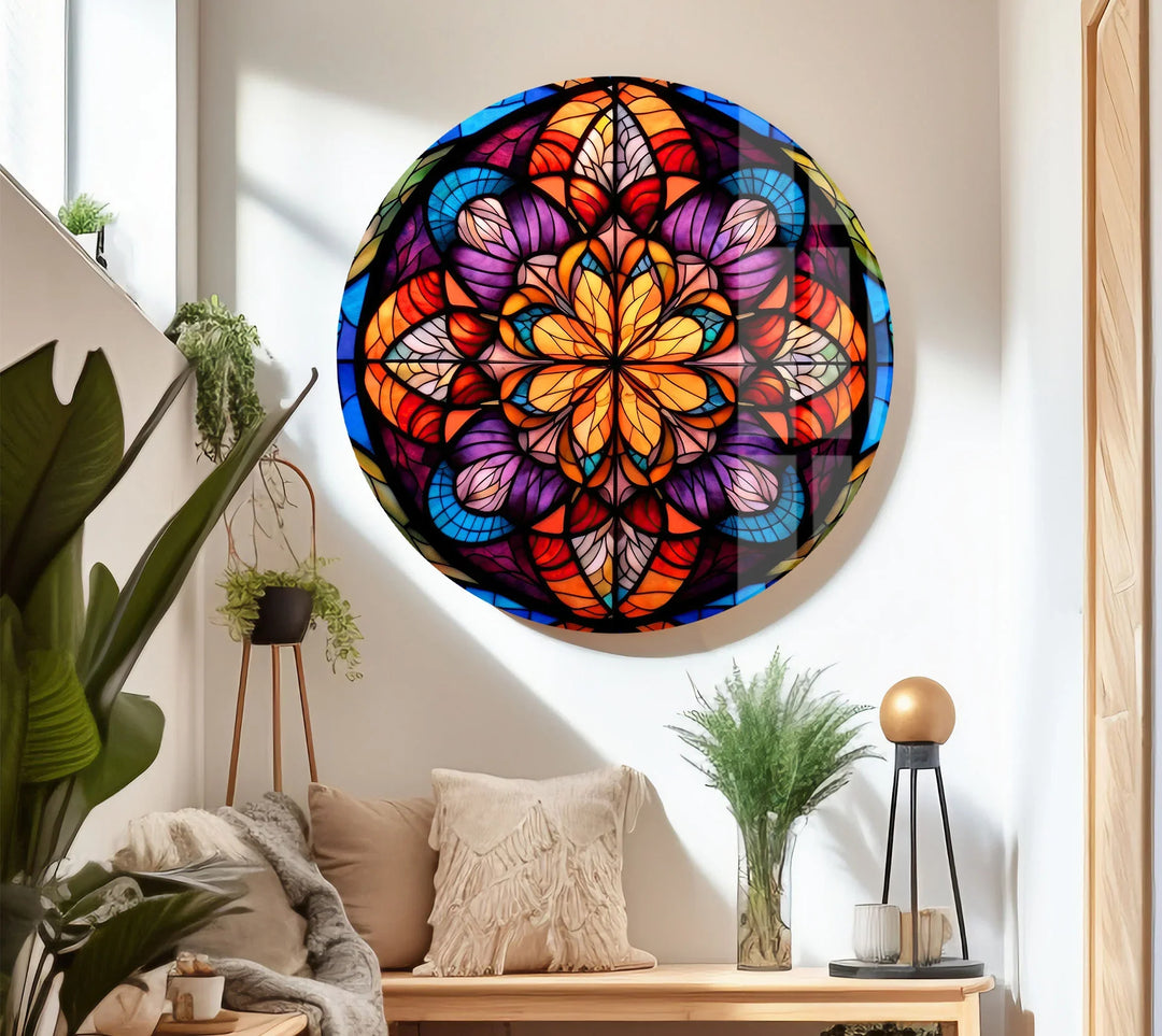 Stained Glass Mandala Wall Art – Colorful Symmetrical Glass Print for Boho, Spiritual, or Artistic Interiors - MyPhotoStation