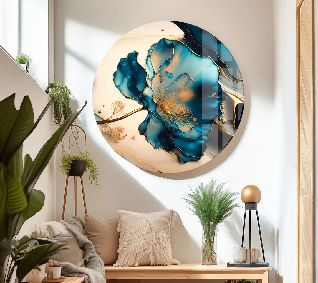 Luxury Blue Gold Floral Wall Art – Elegant Glass Print for Living Room or Office - MyPhotoStation