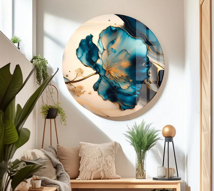 Luxury Blue Gold Floral Wall Art – Elegant Glass Print for Living Room or Office - MyPhotoStation