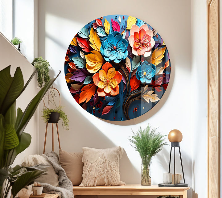 Lebendige florale Explosions-Wandkunst – Buntes Blumendesign aus gehärtetem Glas