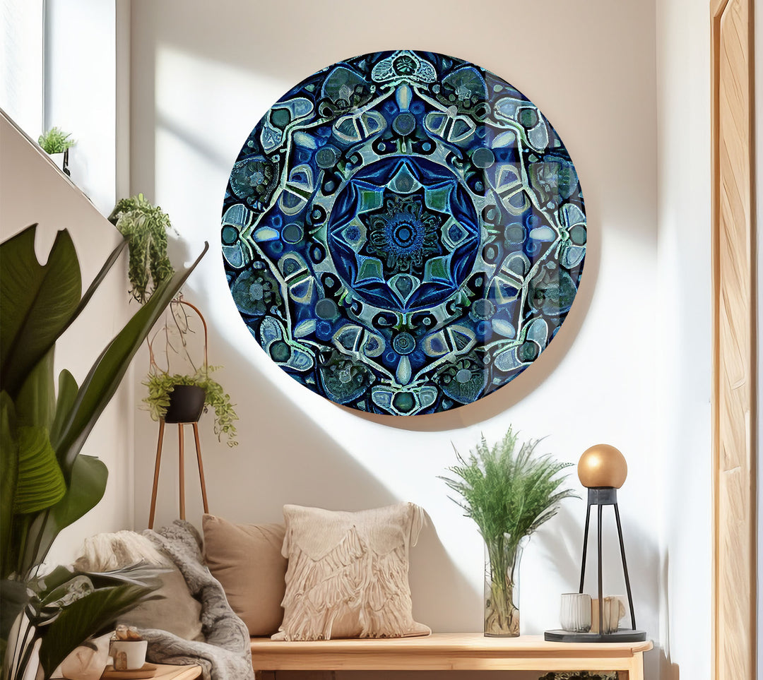 Blue Mandala Glass Wall Art – Intricate Geometric Design, Modern Home & Office Decor