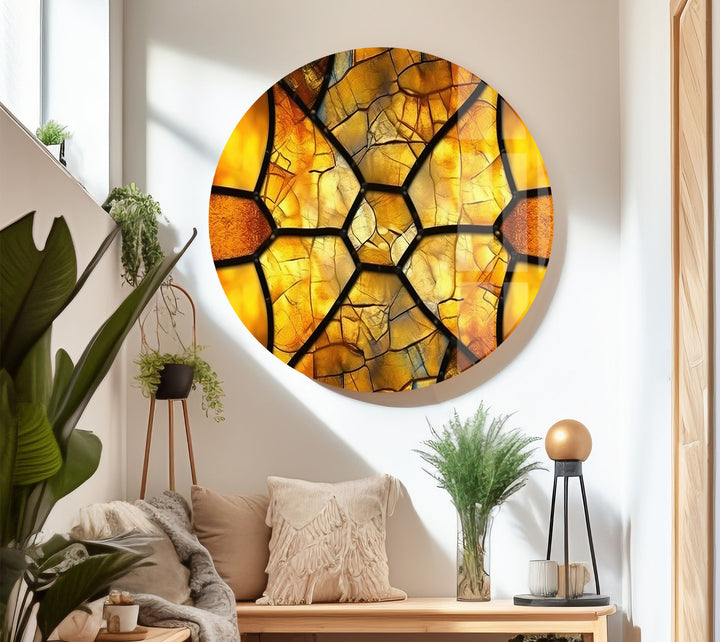 Golden Honeycomb Glass Wall Art – Amber Mosaic Geometric Decor