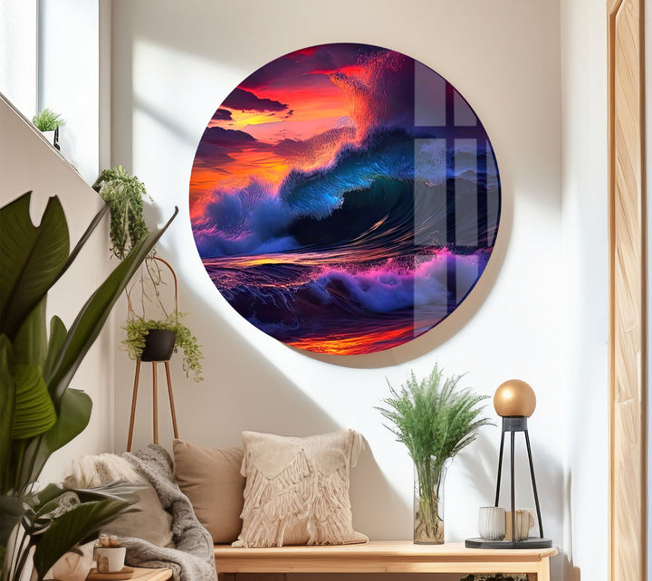 Wandkunst mit krachenden Wellen bei Sonnenuntergang – Dramatisches Ozean-Glasdruck-Design