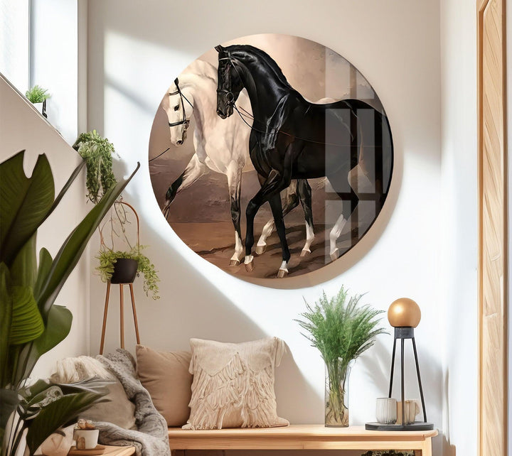 Horses Black & White Glass Wall Art stained glass wall art, stained glass wall decor
