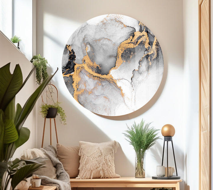 Black White and Gold Abstract Wall Art – Minimalist Glass Print for Modern Decor