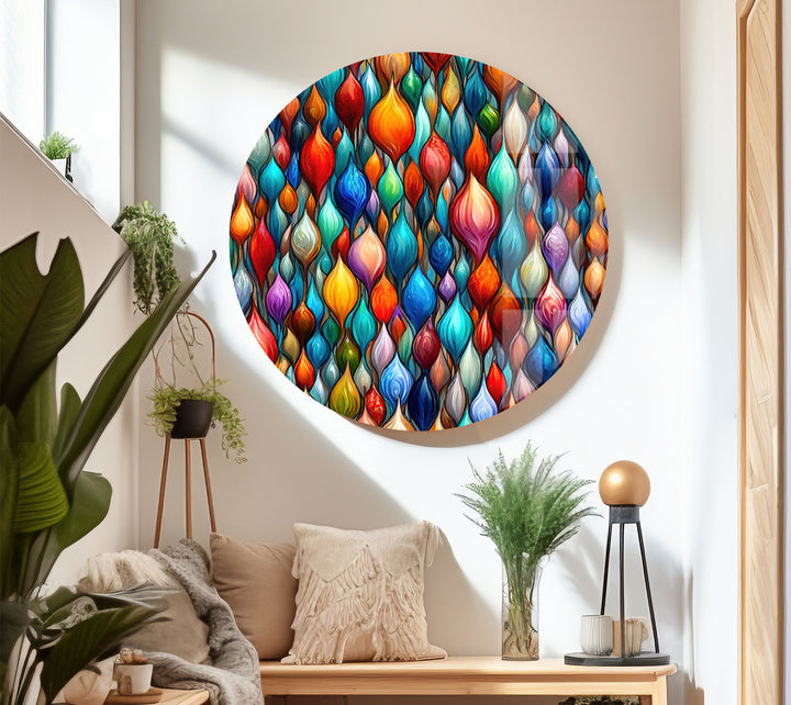 Lebendige abstrakte Glaswandkunst – Buntes Tropfendesign 