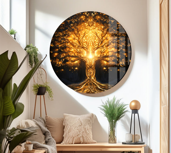 Goldene Fantasiebaum-Wandkunst – Beleuchtetes abstraktes Glasdruckdesign