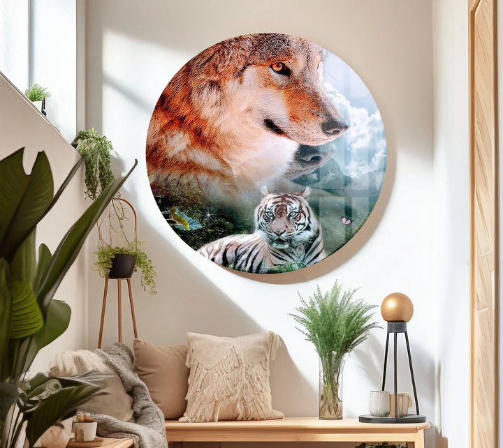 Wolf and White Tiger Wall Art – Majestic Animal Duo Nature Glass Print for Bold Decor - MyPhotoStation