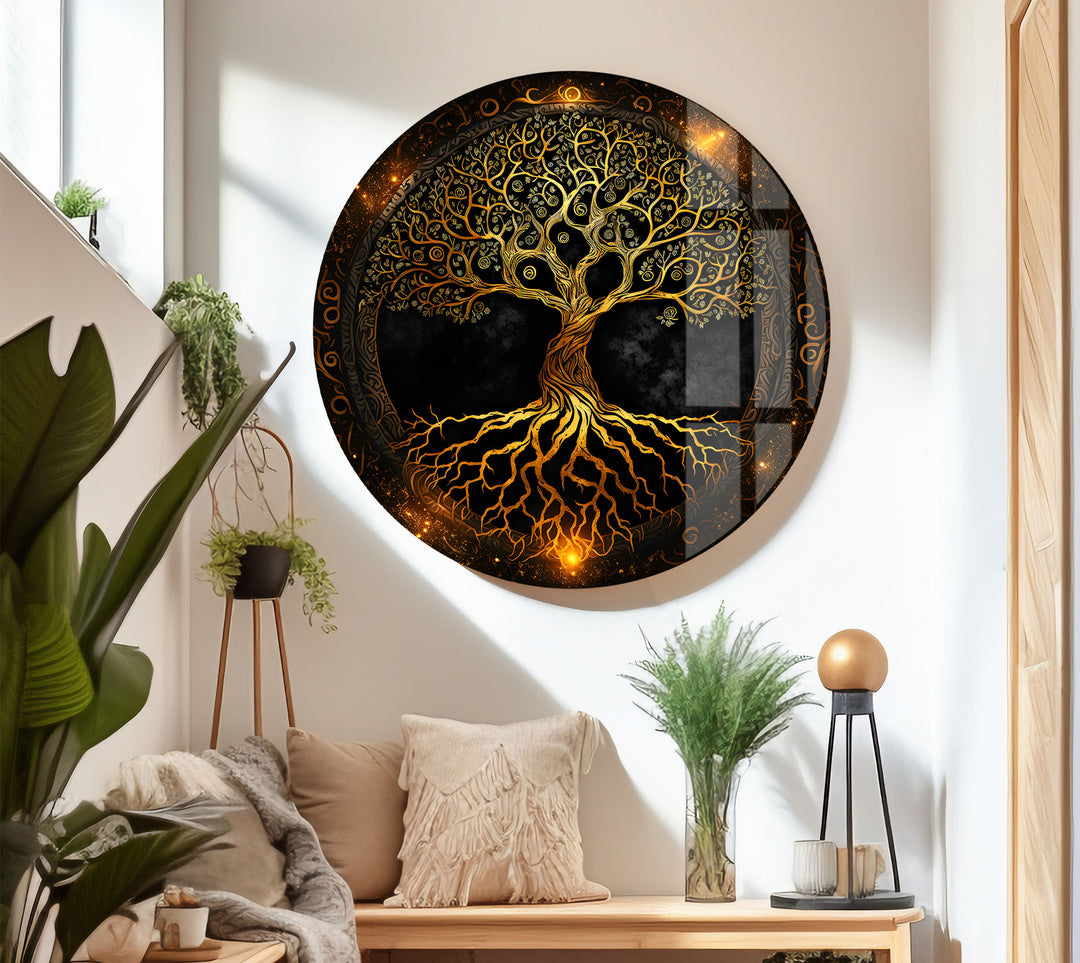 Wandkunst „Baum des Lebens“ – Leuchtendes goldenes Design mit Wurzeln und Zweigen auf Glas
