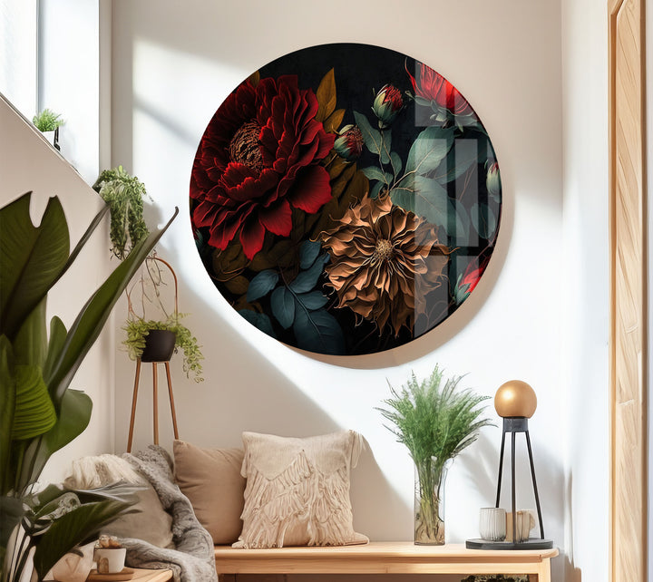 Dark Floral Elegance Wall Art – Red & Gold Botanical Glass Print