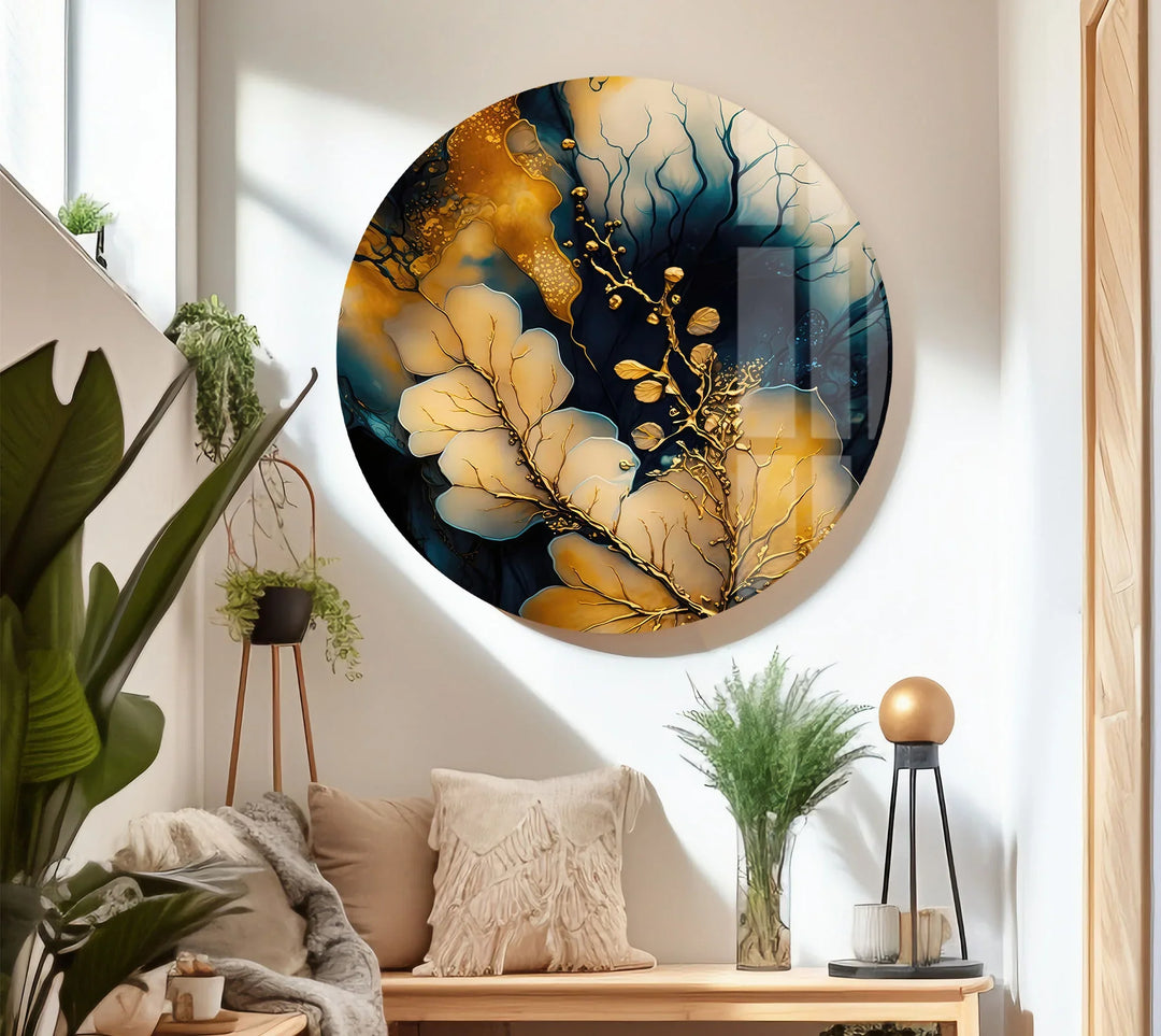 Golden Botanical Abstract Wall Art – Elegant Navy and Gold Glass Print for Luxe Interiors - MyPhotoStation