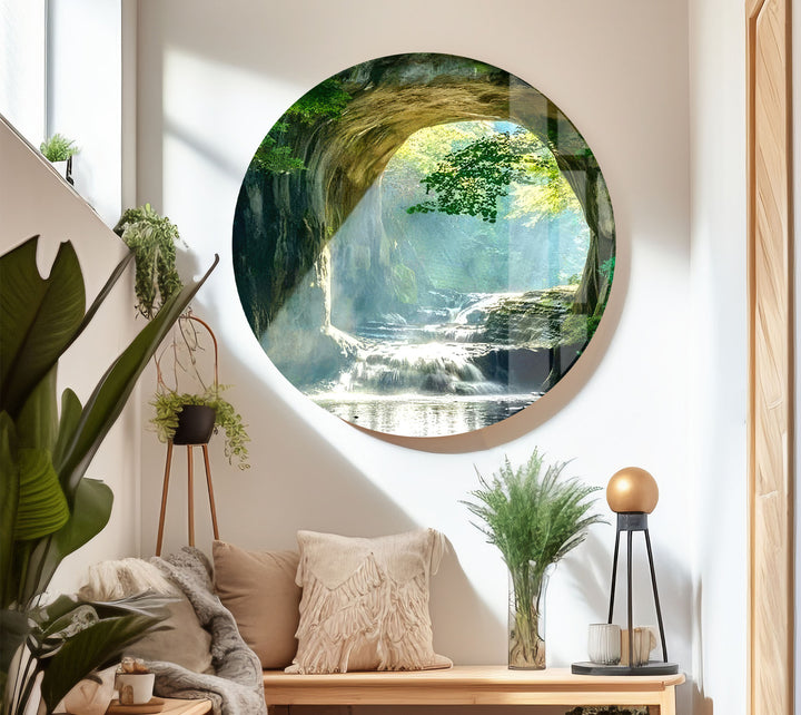 Wald-Wasserfall-Bogen-Wandkunst – Ruhige Naturszene Glasdruck
