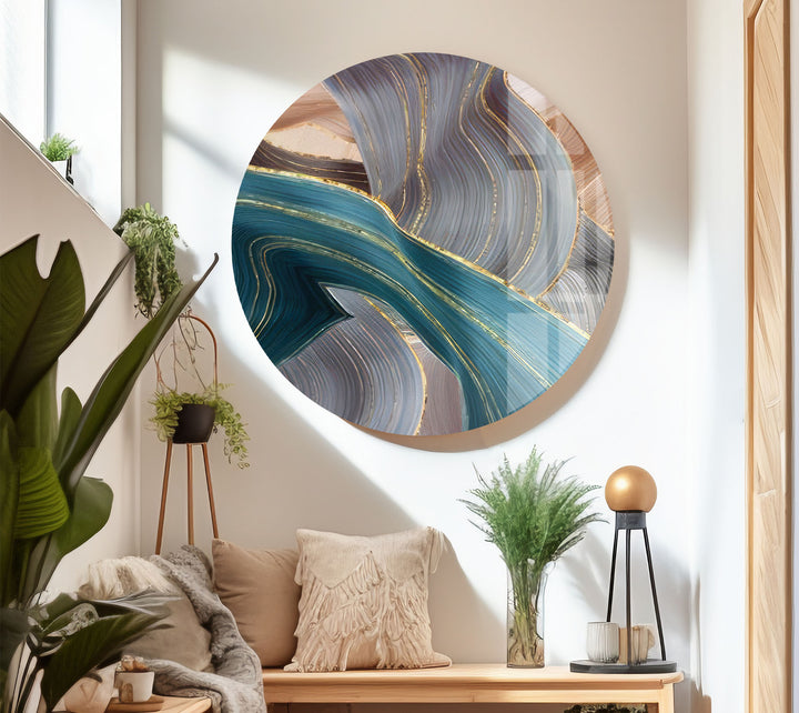 Goldene Adern Abstrakte Wandkunst – Blauer und beiger Glasdruck 