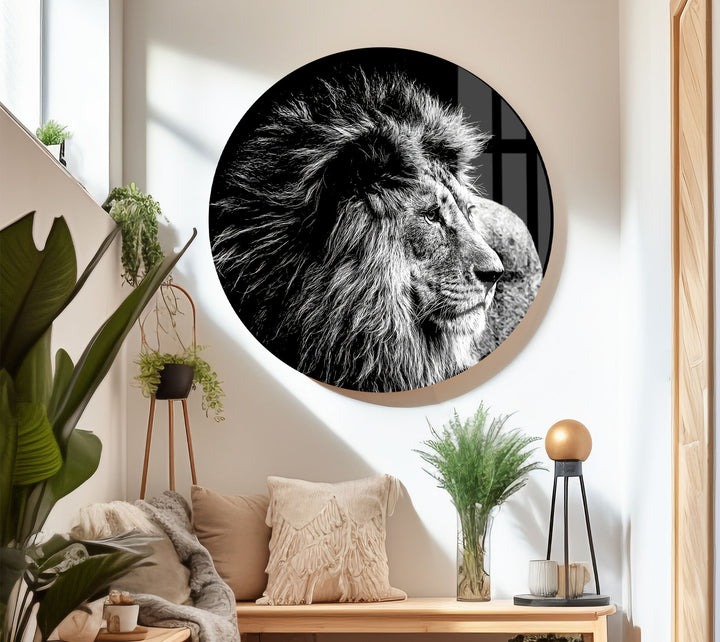 Black and White Lion Wall Art – Majestic Wildlife Glass Print Design