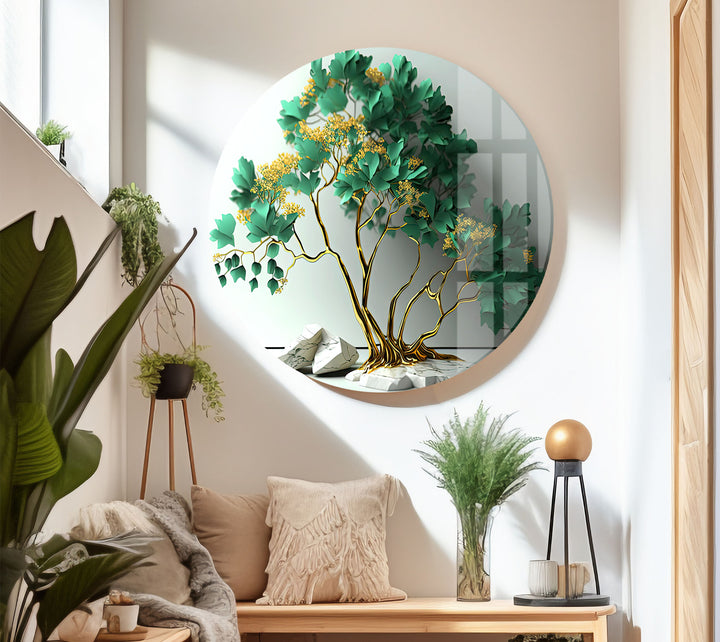 Elegante grüne Baum-Wandkunst – Goldener botanischer Glasdruck mit Marmorsockel