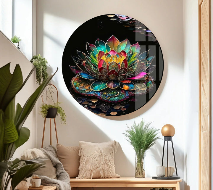 Radiant Lotus Flower Wall Art – Colorful Mandala Glass Print for Spiritual and Zen Decor - MyPhotoStation