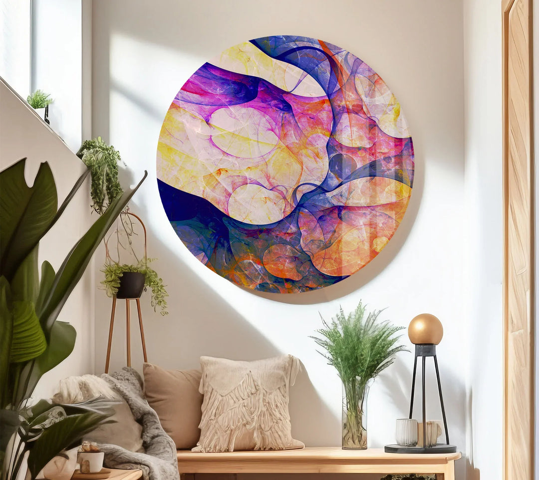 Color Swirl Abstract Glass Wall Art – Vibrant Purple, Yellow & Blue Modern Decor - MyPhotoStation