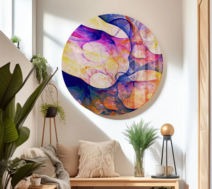 Color Swirl Abstract Glass Wall Art – Vibrant Purple, Yellow & Blue Modern Decor - MyPhotoStation