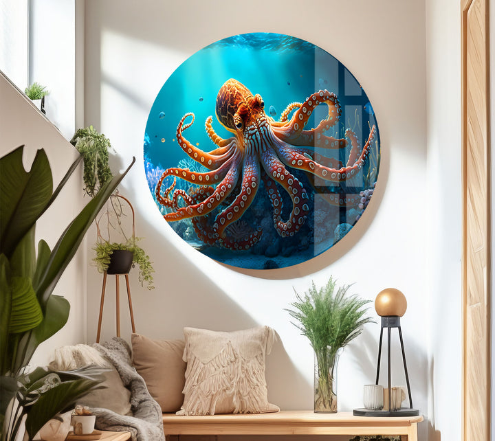Octopus Underwater Wall Art – Vibrant Coral Reef Ocean Scene Glass Print