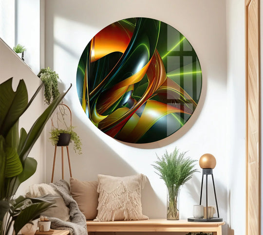Futuristic flow wall art features a mesmerizing abstract neon swirl glass print decor with vibrant green and orange hues.