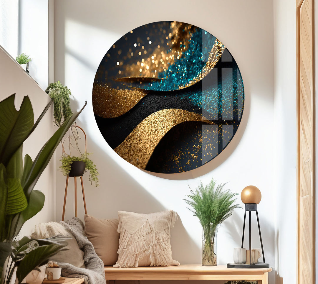Gold Teal Glitter Wave Wall Art – Luxury Sparkle Abstract Glass Print