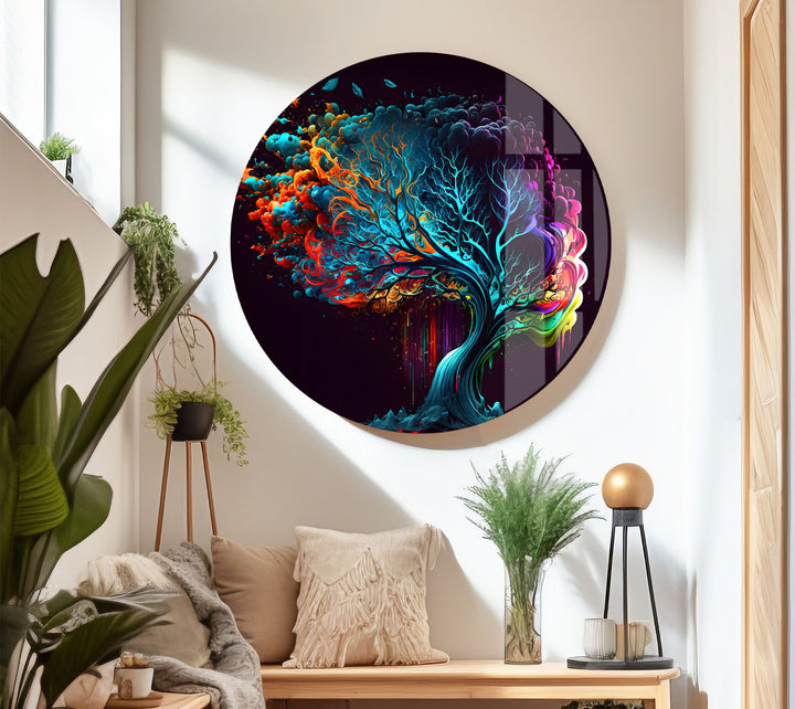 Farbenfrohe Fantasy-Baum-Wandkunst – Lebendiges abstraktes Glasdruck-Design