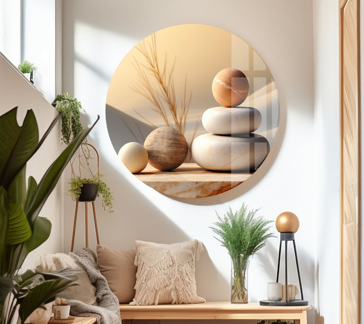 Zen Balance Glaswandkunst – Minimalistische Steinskulptur im Wüstenlicht 