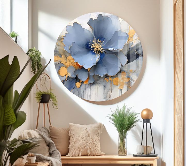 Blue Gold Blossom Wall Art – Elegant Floral Glass Print for Home Décor