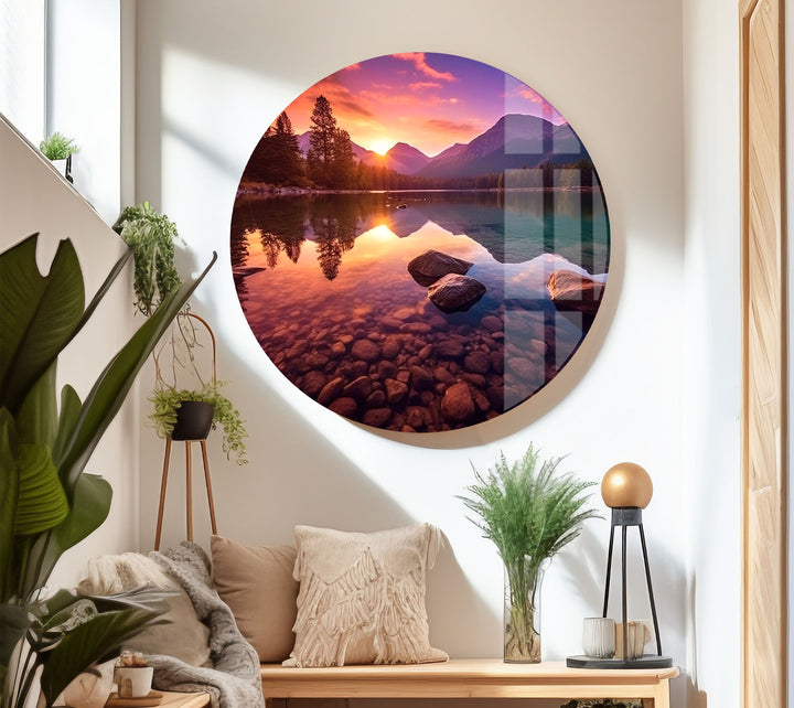 Bergsee Sonnenuntergang Wandkunst – Ruhige Natur Glas Landschaft Dekor