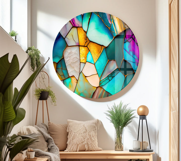 Modern Stained Glass Abstract Wall Art – Teal & Gold Geometric Glass Print