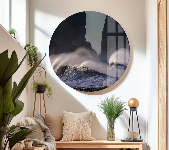 Stormy Ocean Waves Wall Art – Dramatic Coastal Glass Print with Dark Sea Cliffs for Modern Interiors