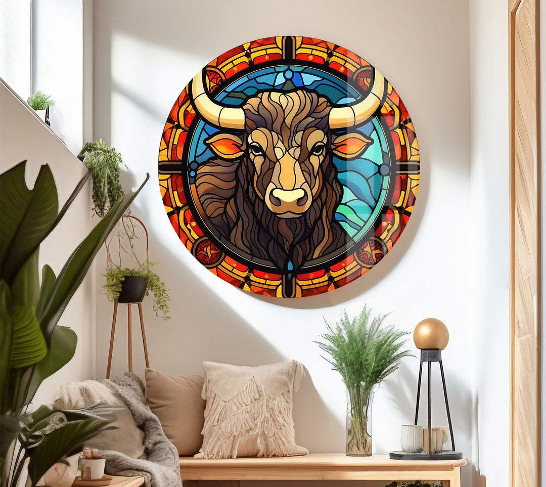 Wanddekoration mit Stier aus Buntglas – Rustikales Dekor, modernes Tierdesign 
