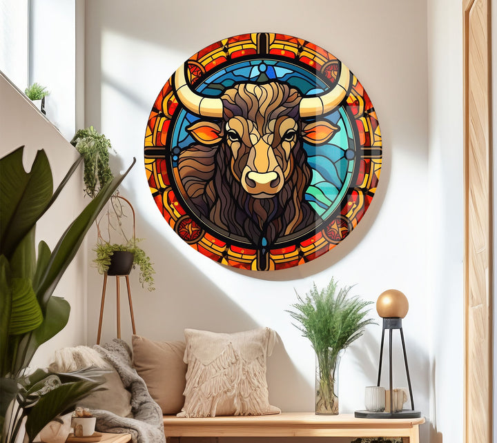 Wanddekoration mit Stier aus Buntglas – Rustikales Dekor, modernes Tierdesign 