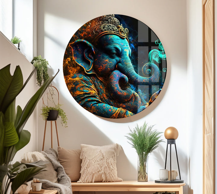 Spiritual Ganesha Wall Art – Vibrant Hindu Deity Glass Print Decor