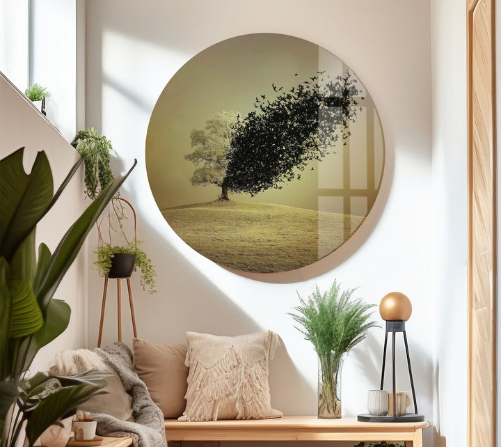 Surreal Tree Turning into Birds Wall Art – Minimalist Nature Glass Print
