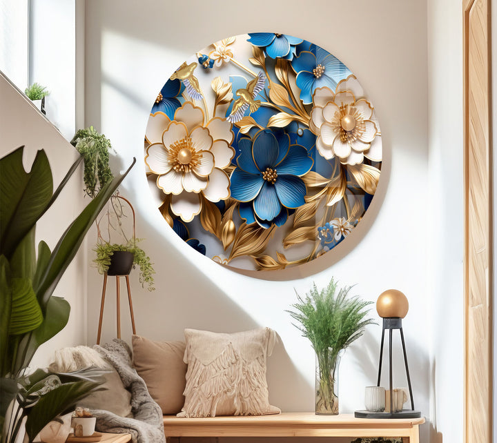 Elegante blau-goldene florale Wandkunst – 3D-Glasplatte für moderne Innenräume